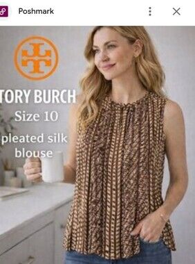 Tory Burch Multitone Brown Patterned Pleated Silk Sleeveless Blouse Size 6